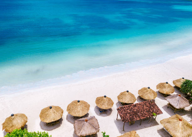 Straw beach umbrellas and blue ocean. Beach scene from above Lovely sunny day on the beach. Lombok island, drone shot bali stock pictures, royalty-free photos & images