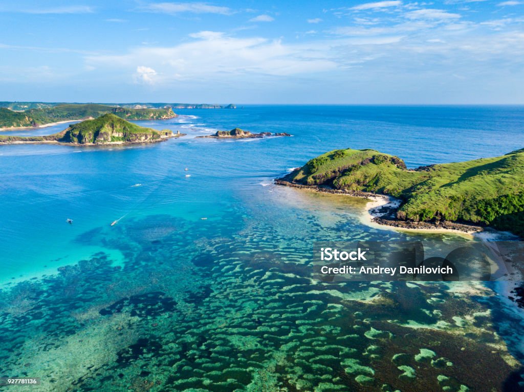 Lombok island shores Lovely sunny day on the Lombok island. View from above - Drone shot Lombok Stock Photo