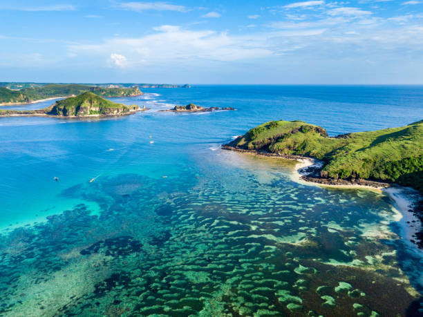 Lombok island shores Lovely sunny day on the Lombok island. View from above - Drone shot lombok indonesia stock pictures, royalty-free photos & images