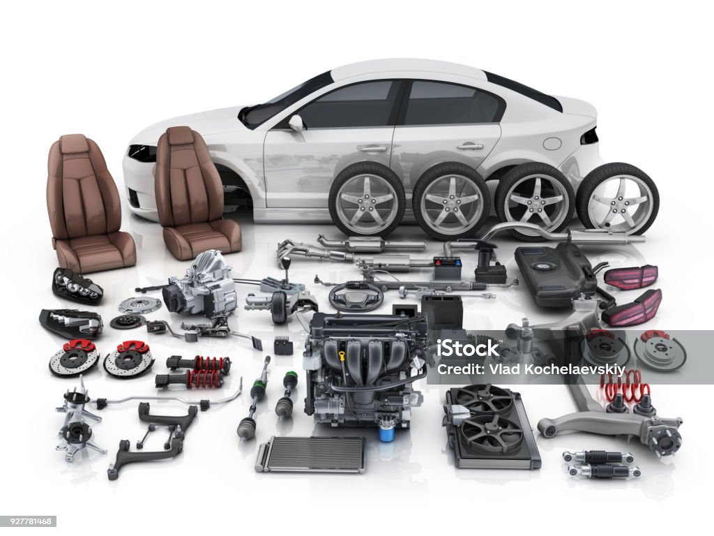Car body disassembled and many vehicles parts Car body disassembled
 Vehicle Part Stock Photo