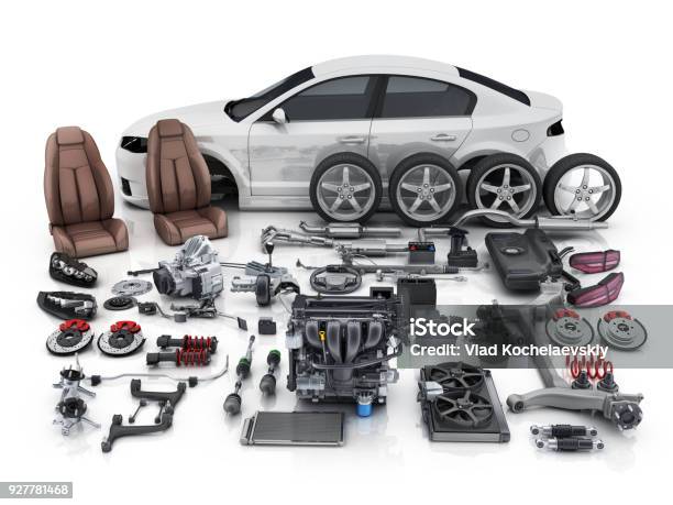 Car Body Disassembled And Many Vehicles Parts Stock Photo - Download Image Now - Vehicle Part, Car, Spare Part
