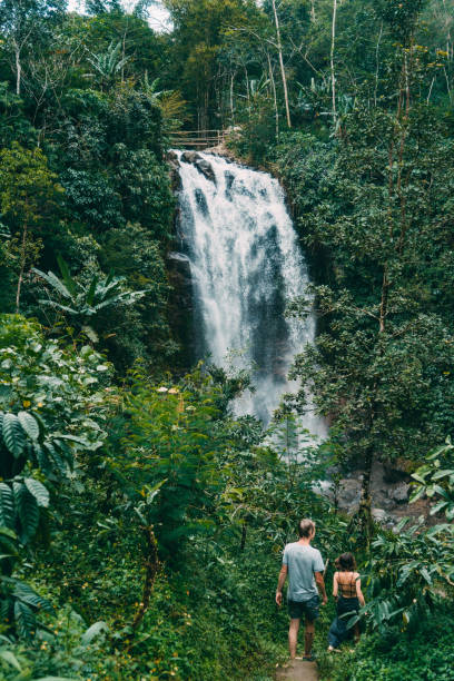istock Couple looking at  waterfall in tropical rainforest 927785830