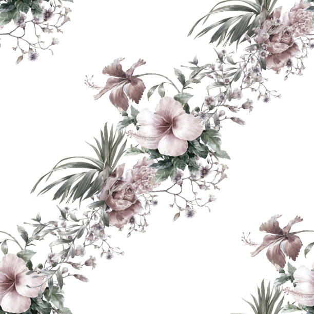 istock Watercolor painting of leaf and flowers, seamless pattern on white background 927788406