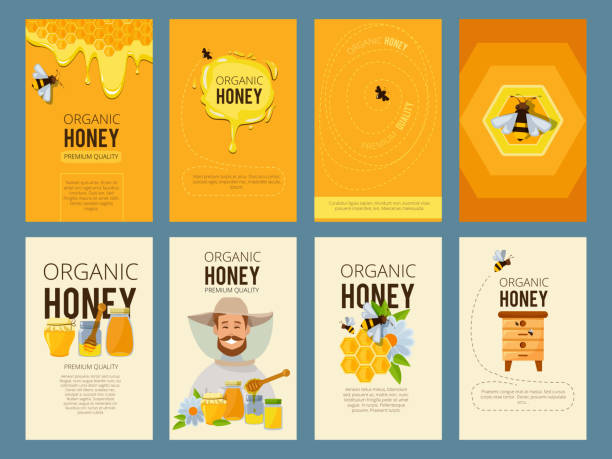 ilustrações de stock, clip art, desenhos animados e ícones de vector cards with illustrations of apiary. pictures of honey, beehive and waxing - apicultor ilustrações