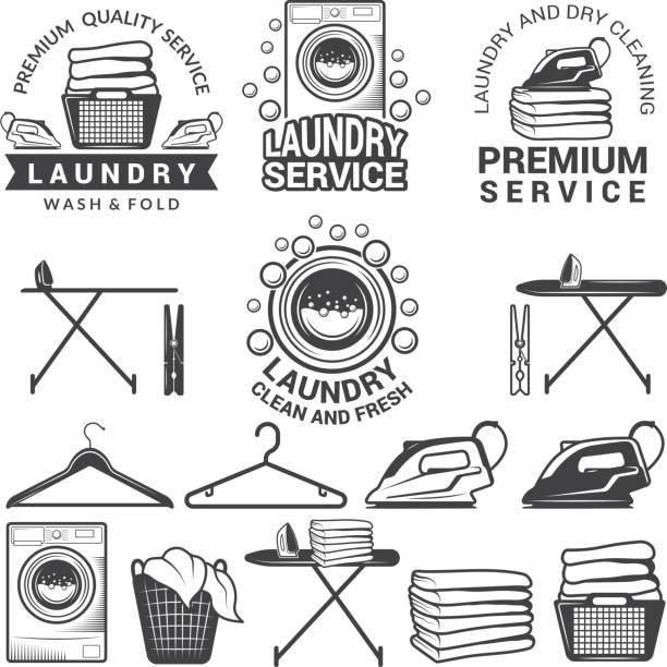 Monochrome labels of laundry service. Illustrations of washing machines. Service machine wash, hanger and laundry emblem vector