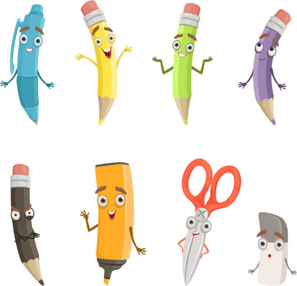 Cartoon characters of different drawing tools. Pencils, pen and others Cartoon characters of different drawing tools. Pencils, pen and others. School instrument pen with face, vector illustration pencil cartoon stock illustrations