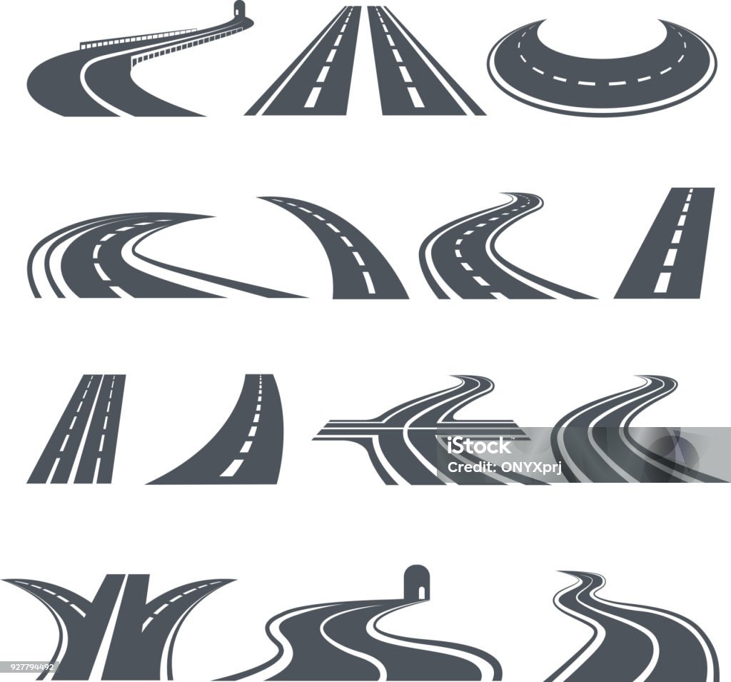 Símbolos estilizados de carretera y autopista. Fotos de diseño de logotipo - arte vectorial de Vía libre de derechos