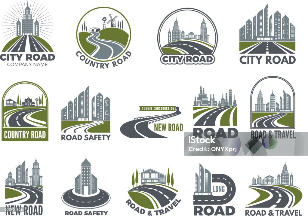 Monochrome big set of logotypes template with asphalt roads, expressway or highway Monochrome big set of logotypes template with asphalt roads, expressway or highway. Vector road and travel, expressway and speedway illustration Logo stock vector