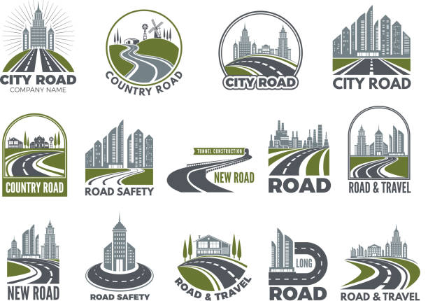 Monochrome big set of logotypes template with asphalt roads, expressway or highway Monochrome big set of logotypes template with asphalt roads, expressway or highway. Vector road and travel, expressway and speedway illustration cityscape symbols stock illustrations