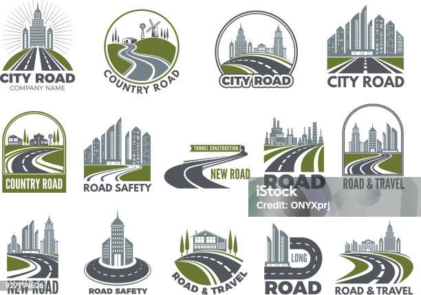 Monochrome Big Set Of Logotypes Template With Asphalt Roads Expressway Or Highway Stock Illustration - Download Image Now
