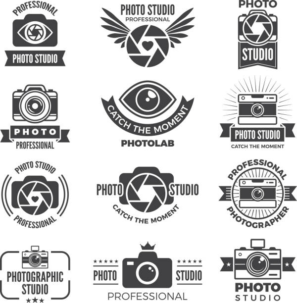 Logotypes and symbols of photo studios Logotypes and symbols of photo studios. Photo camera and photography studio. Vector illustration badge photos stock illustrations
