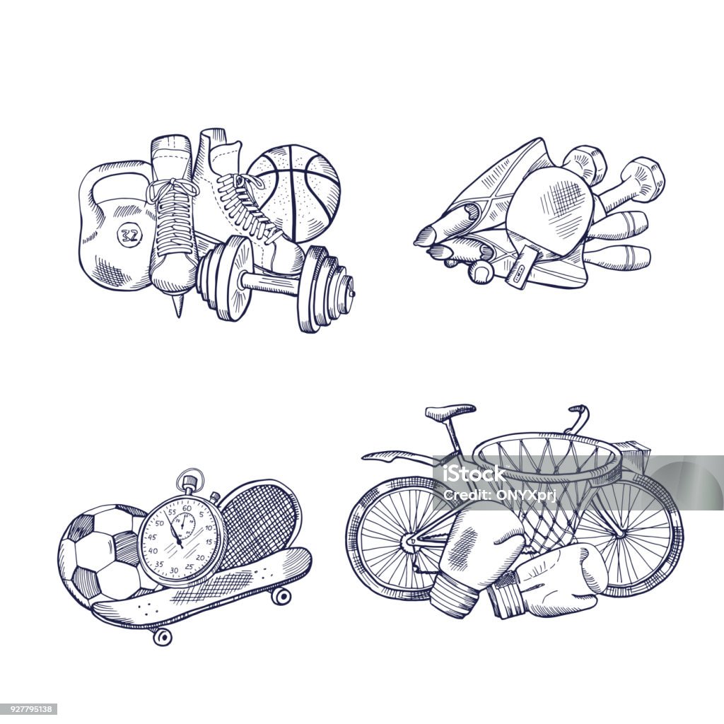 Vector hand drawn sports equipment piles set Vector hand drawn sports equipment piles set. Illustration of sport sketch equipment ball and skating, basketball and football Art stock vector