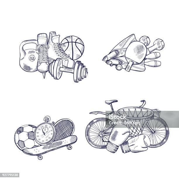 Vector Hand Drawn Sports Equipment Piles Set Stock Illustration - Download Image Now - Art, Basketball - Ball, Bicycle