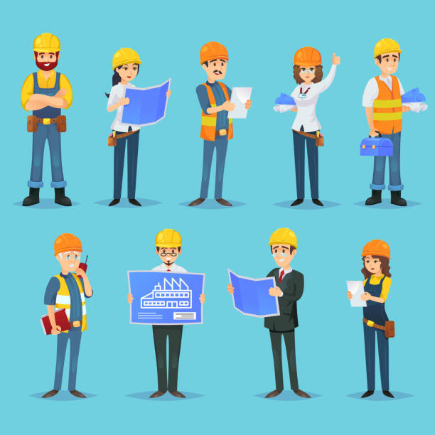 Characters of builders and constructors Set of icons for various male and female builders and designers with blueprints. building contractor illustrations stock illustrations