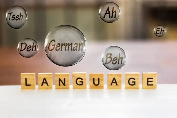 language wooden letters and german flying bubbles,learning german concept