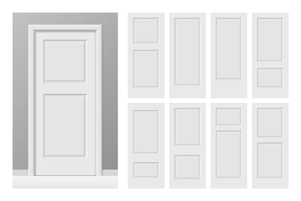 ilustrações, clipart, desenhos animados e ícones de vector branco pintado portas interiores de madeira, constantes em estilo simples. proporções realistas, escala 1: 100. - bevel