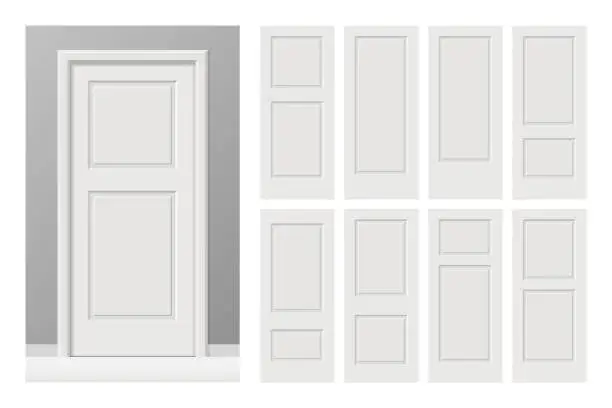 Vector illustration of Vector white painted interior wooden doors set in flat style. Realistic proportions, 1:100 scale.