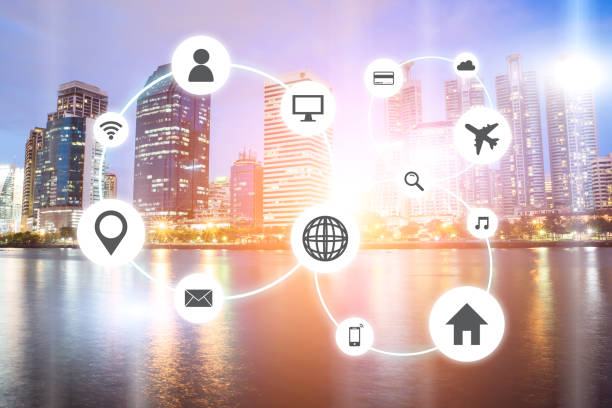 istock cityscapes network with travel icon and shoping icon 927806944