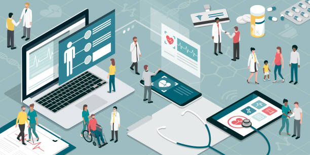 Healthcare and technology Healthcare and innovative technology: apps for medical exams and online consultation concept breaking new ground illustrations stock illustrations