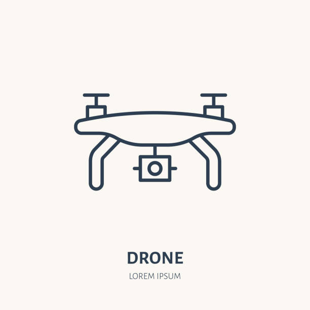 Drone flat line icon. Aerial survey device sign. Thin linear logo for photo equipment store Drone flat line icon. Aerial survey device sign. Thin linear logo for photo equipment store. drone stock illustrations