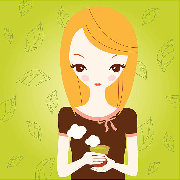 Girl holding green tea vector art illustration