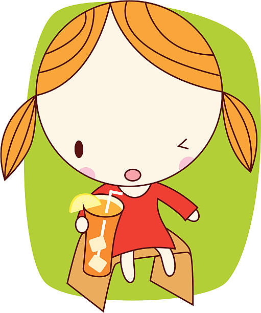 Little girl drinking ice lemon tea vector art illustration