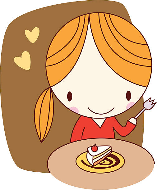 Little girl eating cake vector art illustration