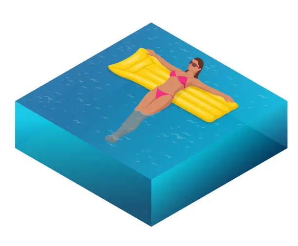 Vector illustration of Enjoying suntan concept. Summer Vacation. Isometric woman in bikini on the yellow air mattress in the big swimming pool. Vector illustration