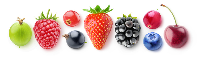 Isolated collection of berries, top view. Fresh strawberry, blackberry, blueberry, cranberry, cherry, gooseberry, raspberry, red and black currants isolated on white background with clipping path
