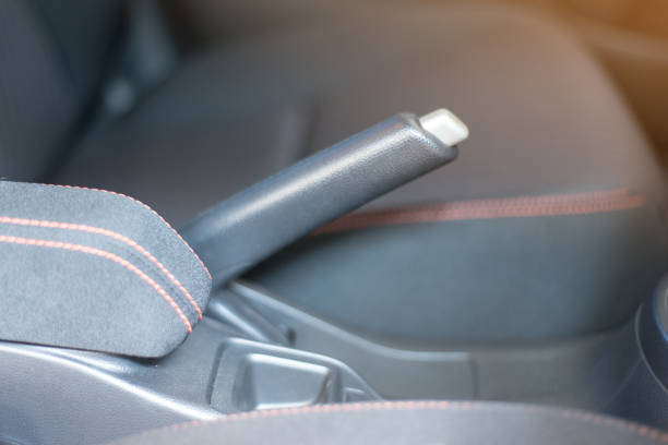 Close up Hand brake in the car stock photo