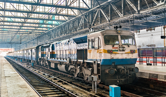 Passenger train at Chhatrapati Shivaji Maharaj Terminus in Mumbai, India