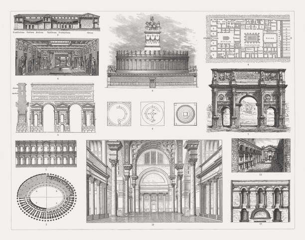 ilustraciones, imágenes clip art, dibujos animados e iconos de stock de arquitectura romana, emngravings madera, publicado en 1897 - roman aqueduct