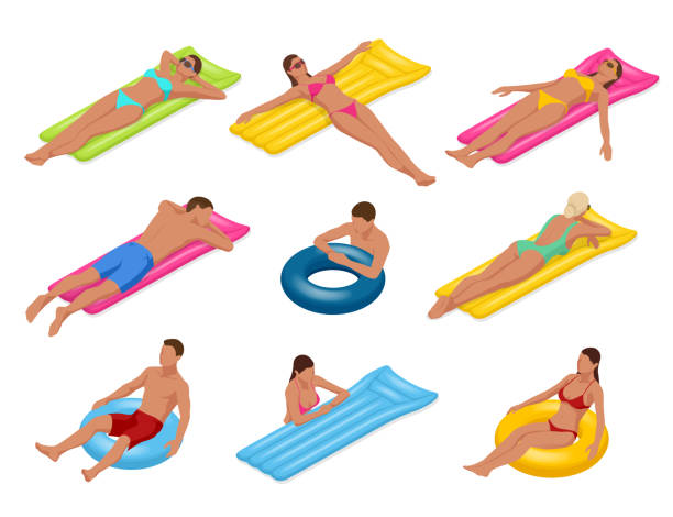 Isometric man and woman on Floating air mattress. Vector illustration. Enjoying suntan. Travel, holidays, youth and friendship concept Isometric man and woman on Floating air mattress. Vector illustration. Enjoying suntan. Travel, holidays, youth and friendship concept. pool raft stock illustrations