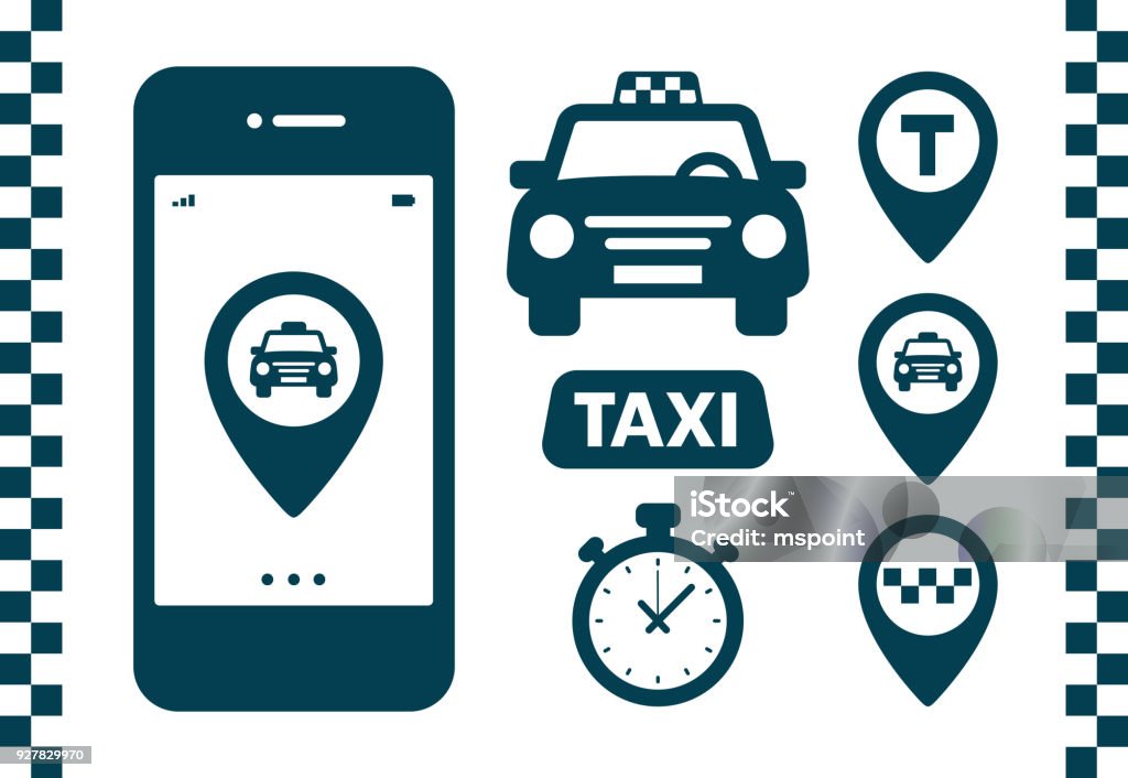 Conjunto de iconos de taxi. Plano oscuro iconos sobre fondo blanco. Mapa de pin con el coche de taxi, controles, mapa pins, firma de contador. Elementos de la bandera del servicio de taxi - arte vectorial de Taxi libre de derechos