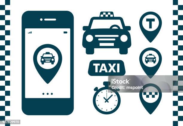 Ilustración de Conjunto De Iconos De Taxi Plano Oscuro Iconos Sobre Fondo Blanco Mapa De Pin Con El Coche De Taxi Controles Mapa Pins Firma De Contador Elementos De La Bandera Del Servicio De Taxi y más Vectores Libres de Derechos de Taxi