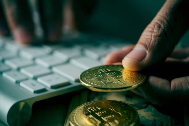 bitcoins and man using computer Tarragona, Spain - February 26, 2018: Closeup of a young man having a bitcoin from a pile of bitcoins while is using a computer cryptocurrency scams stock pictures, royalty-free photos & images