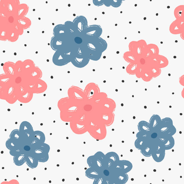 Trendy seamless pattern with flowers and polka dots. Drawn by hand. Grunge, sketch, watercolour. Trendy seamless pattern with flowers and polka dots. Drawn by hand. Grunge, sketch, watercolour. Endless vector illustration. drawing of pink and black polka dot wallpaper stock illustrations