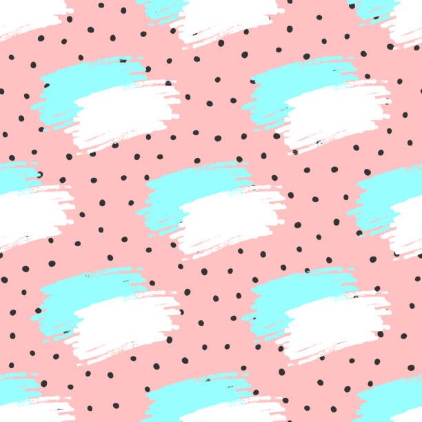Cute abstract seamless pattern with repeating polka dots and brush strokes. Drawn by hand. Sketch, watercolour, grunge, paint, splash. Cute abstract seamless pattern with repeating polka dots and brush strokes. Drawn by hand. Sketch, watercolour, grunge, paint, splash. Endless modern vector illustration. drawing of pink and black polka dot wallpaper stock illustrations