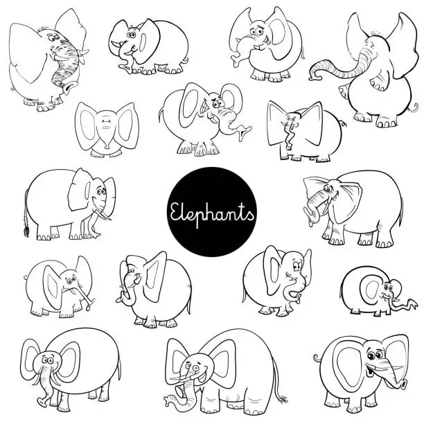 Vector illustration of cartoon elephants animal characters set color book