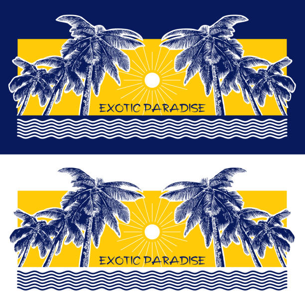 Palm trees, sun and waves of water. Realistic blue silhouettes isolated on yellow background. Vector illustration, template for travel,  summer, vacation concept. miami beach stock illustrations