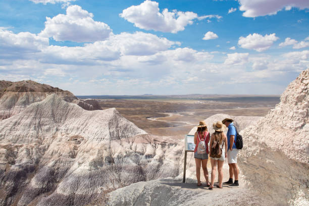 砂漠の山のハイキングの休暇に家族。 - petrified forest national park ストックフォトと画像