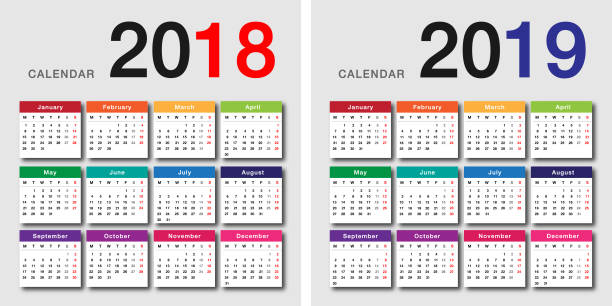 Colorful Year 2018 and Year 2019 calendar horizontal vector design template Colorful Year 2018 and Year 2019 calendar horizontal vector design template, simple and clean design. Calendar for 2018 and 2019 on White Background for organization and business. Week Starts Monday. 2018 calendar stock illustrations