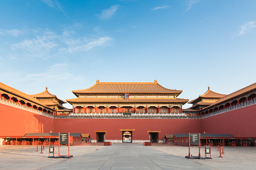 Beijing, China - Jan 9 2020: Dragon and clouds engraved on the main staircase to Taihedian (Hall of Supreme Harmony) in the Forbidden City