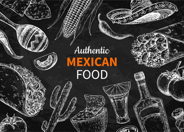 mexikanisches essen und trinken skizzieren. vektor-tequila shot und burito, taco, nachos zeichnen. blackboard - mexikanische küche stock-grafiken, -clipart, -cartoons und -symbole