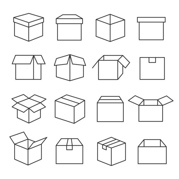 Carton boxes icon set Carton boxes icon set. Paper box collection for packaging goods and materials, used for sending items through the postal services. Vector line art illustration isolated on white background closed illustrations stock illustrations