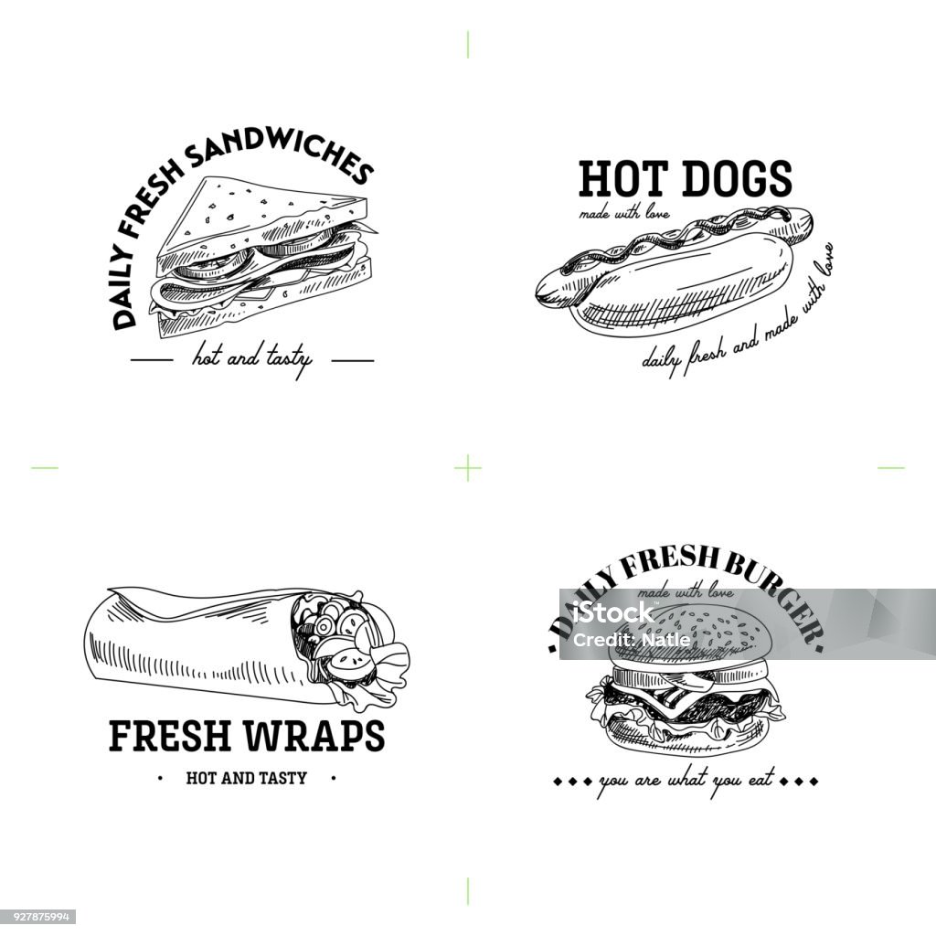 Beautiful vector hand drawn fast fod illustrations. Beautiful vector hand drawn fast fod illustrations. Detailed retro style labels. Vintage sketches for logos. Elements collection for design. Wrap Sandwich stock vector
