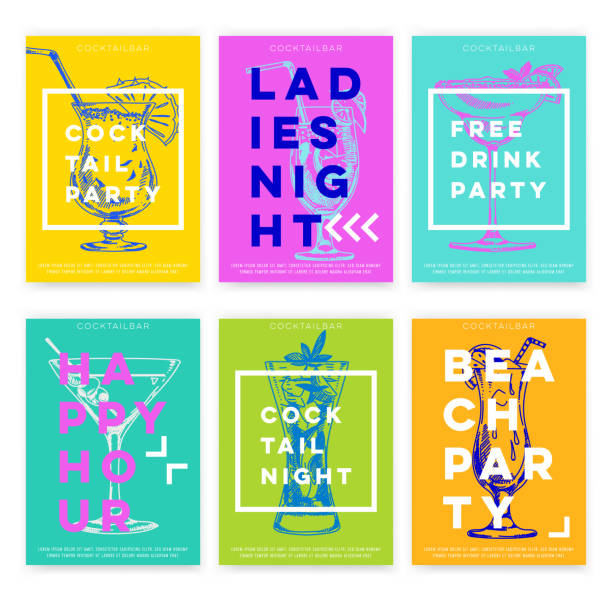 illustrazioni stock, clip art, cartoni animati e icone di tendenza di bellissimo set di carte cocktail bar disegnate a mano vettoriale. - cocktail