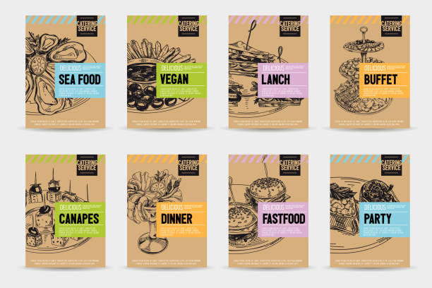 illustrazioni stock, clip art, cartoni animati e icone di tendenza di bellissimo set di carte alimentari servise per catering disegnato a mano vettoriale. - packaging design