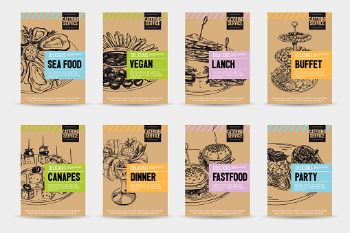 Beautiful vector hand drawn catering servise food card set. Detailed trendy style images. Modern sketch elements collection for packaging or cards design.
