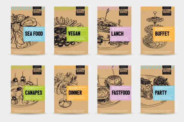 Vector illustration of Beautiful vector hand drawn catering servise food card set.